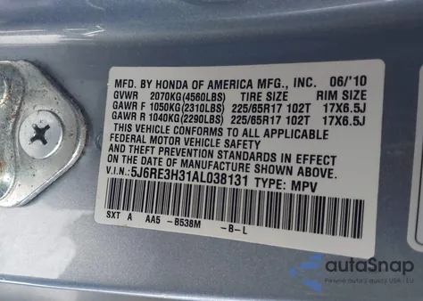 2010 Honda Cr-V Lx z USA, uszkodzony, nr VIN 5J6RE3H31AL038131